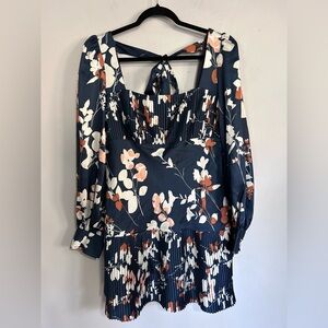 ML Monique Lhuillier Floral Pleated Mini Dress 12 Navy Romantic Cocktail Wedding